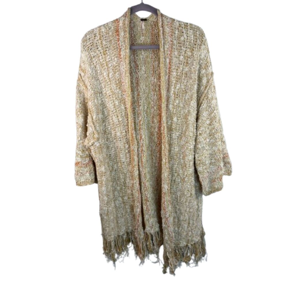 Free People M/L Boho Fringe Open Knit Cardigan Cream Marled Duster